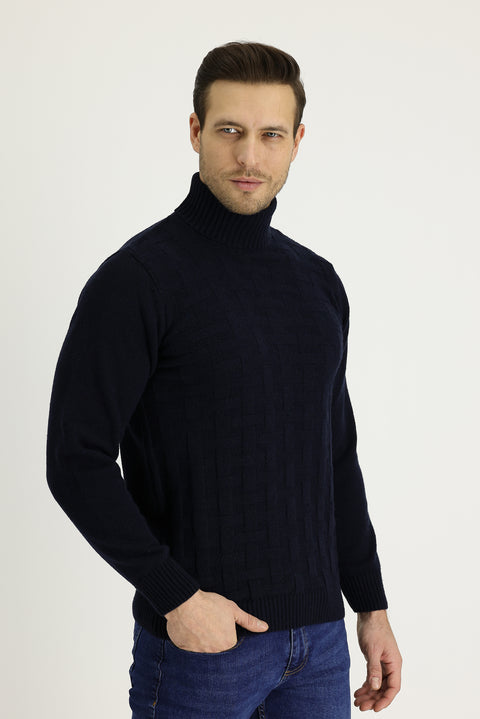 Medium Navy Turtleneck Regular Fit Wool Patterned Knit Sweater
