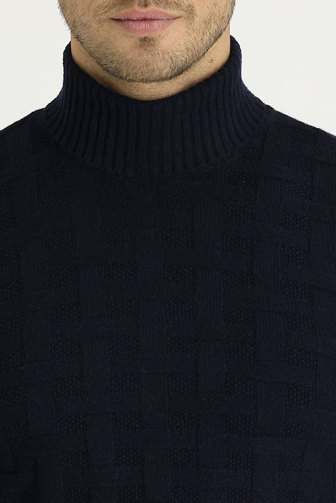 Medium Navy Turtleneck Regular Fit Wool Patterned Knit Sweater