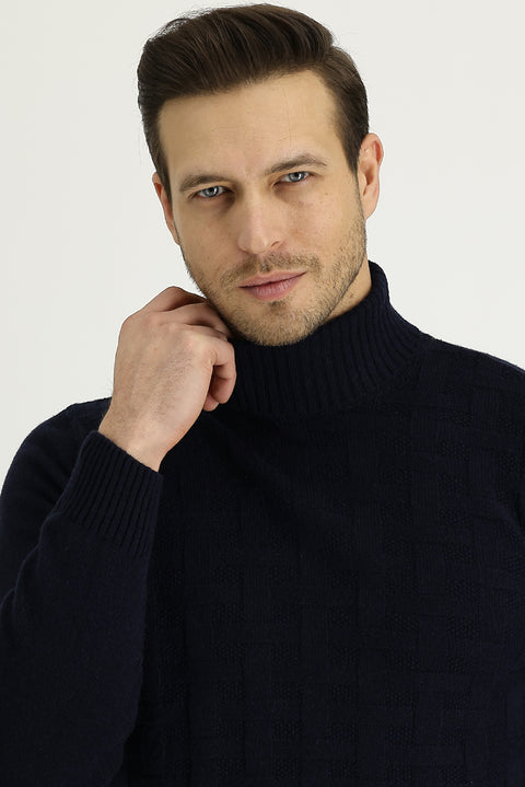 Medium Navy Turtleneck Regular Fit Wool Patterned Knit Sweater