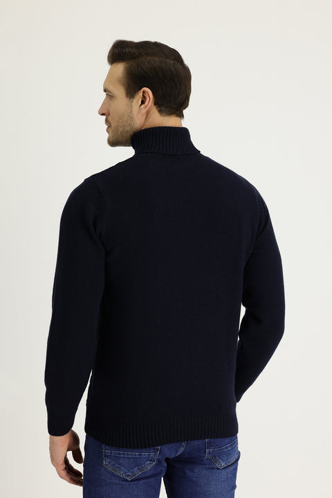 Medium Navy Turtleneck Regular Fit Wool Patterned Knit Sweater