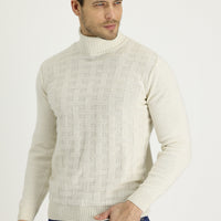 Off-white Turtleneck Regular Fit Wool Patterned Knit Sweater