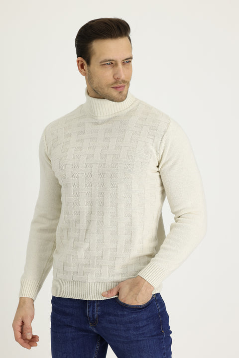 Off-white Turtleneck Regular Fit Wool Patterned Knit Sweater