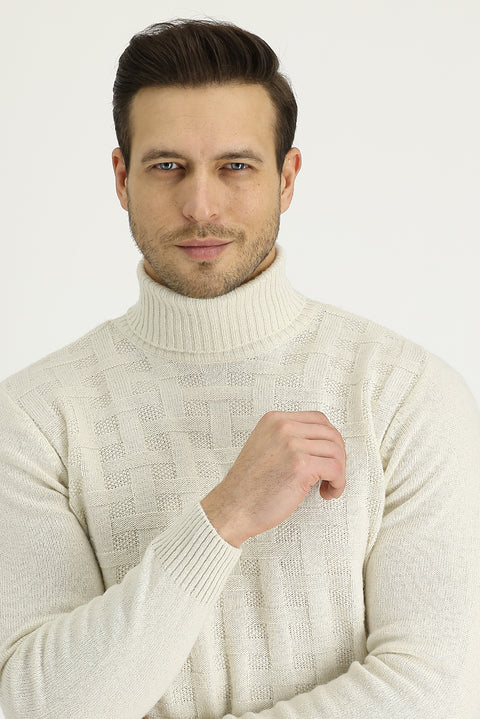 Off-white Turtleneck Regular Fit Wool Patterned Knit Sweater