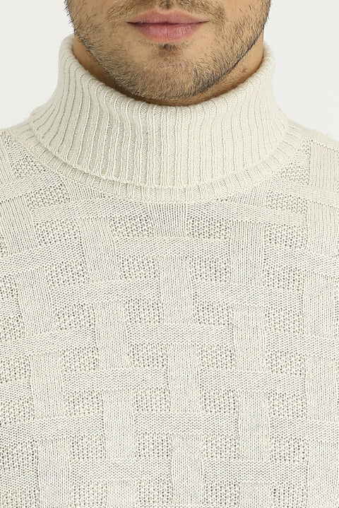 Off-white Turtleneck Regular Fit Wool Patterned Knit Sweater