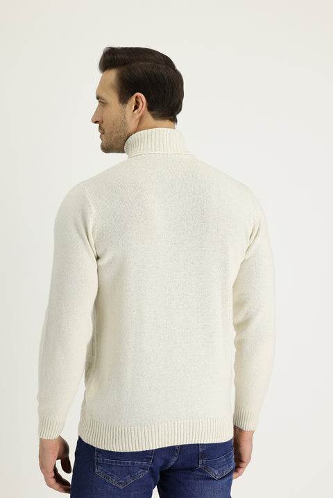 Off-white Turtleneck Regular Fit Wool Patterned Knit Sweater