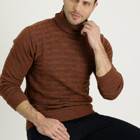 Tile-colored Turtleneck Regular Fit Wool Patterned Knit Sweater