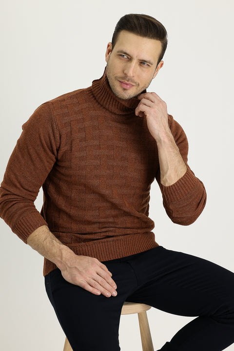 Tile-colored Turtleneck Regular Fit Wool Patterned Knit Sweater