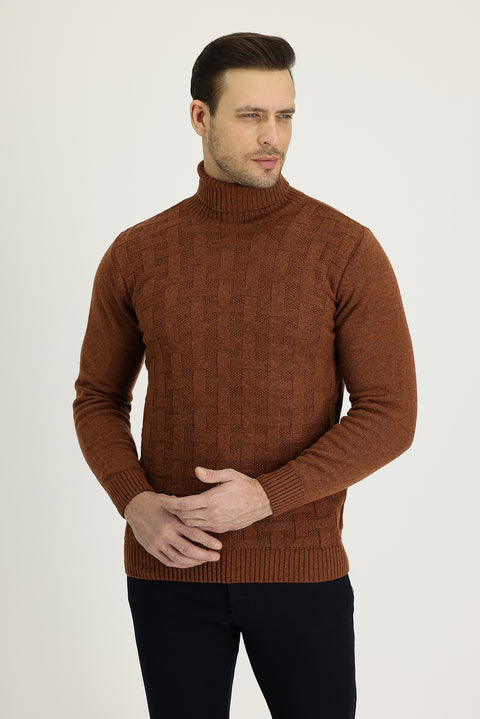 Tile-colored Turtleneck Regular Fit Wool Patterned Knit Sweater