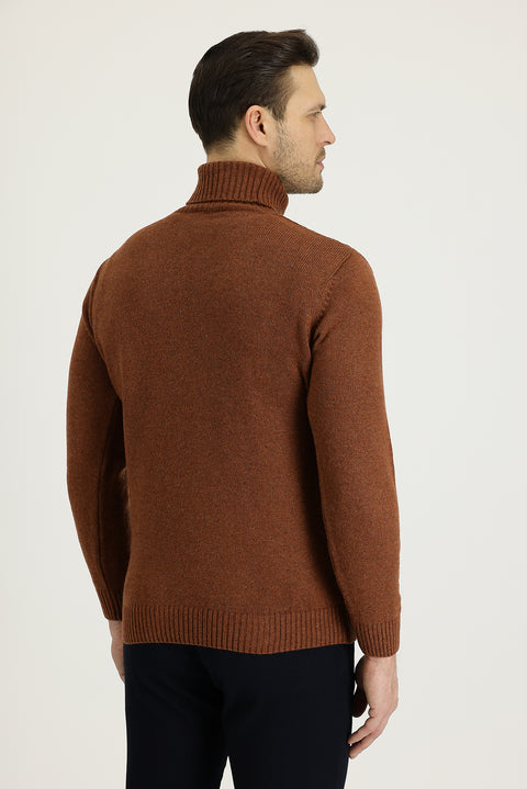 Tile-colored Turtleneck Regular Fit Wool Patterned Knit Sweater