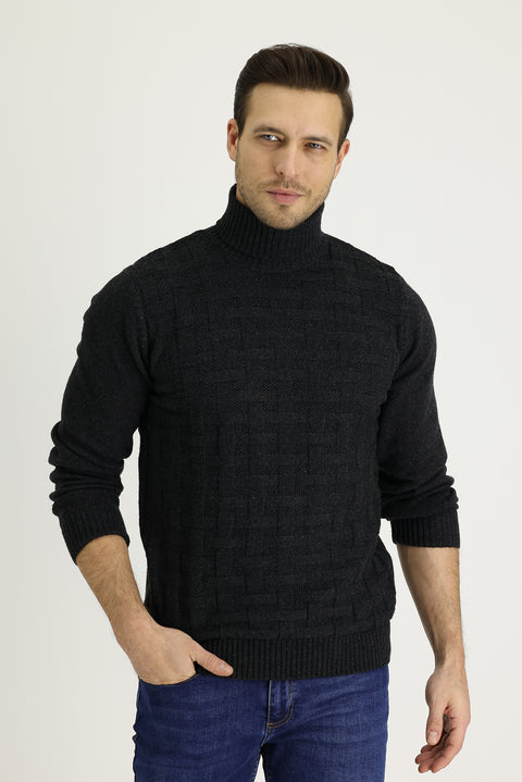 Medium Anthracite Turtleneck Regular Fit Wool Patterned Knit Sweater