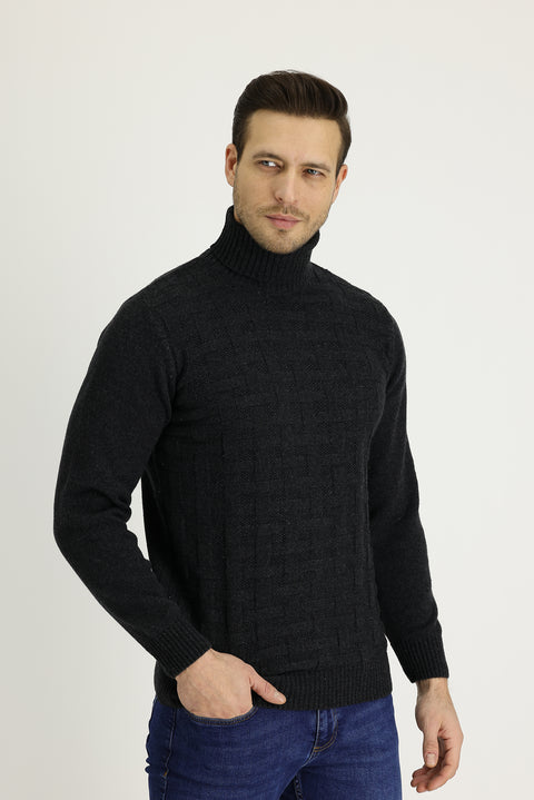 Medium Anthracite Turtleneck Regular Fit Wool Patterned Knit Sweater