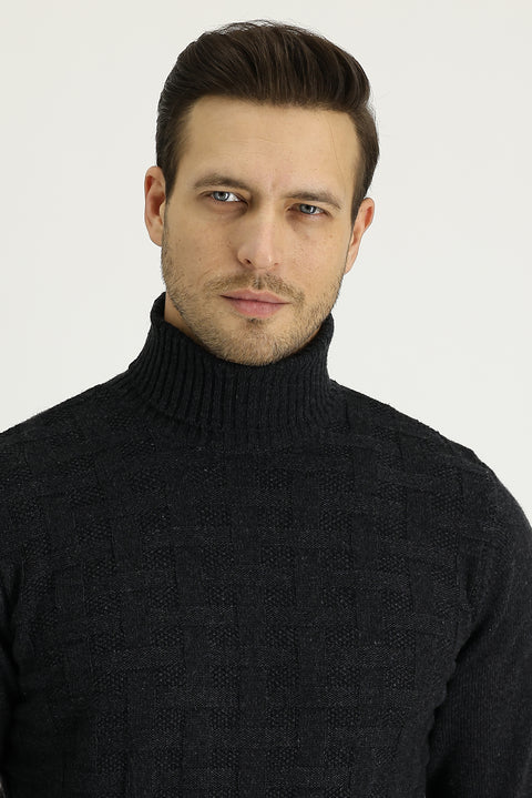 Medium Anthracite Turtleneck Regular Fit Wool Patterned Knit Sweater