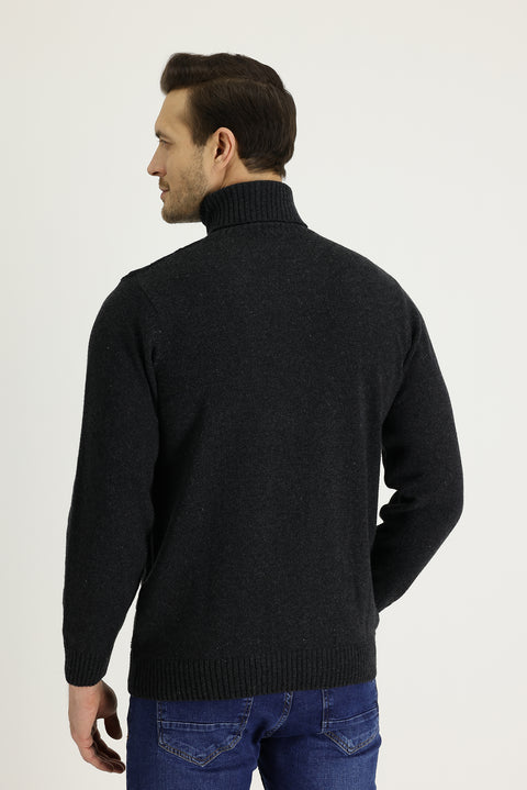 Medium Anthracite Turtleneck Regular Fit Wool Patterned Knit Sweater