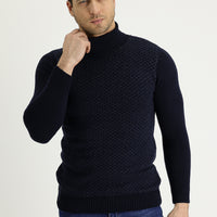 Dark Navy Turtleneck Slim Fit Narrow Cut Wool Patterned Knit Sweater