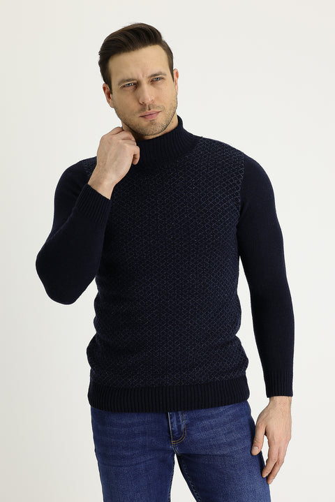 Dark Navy Turtleneck Slim Fit Narrow Cut Wool Patterned Knit Sweater