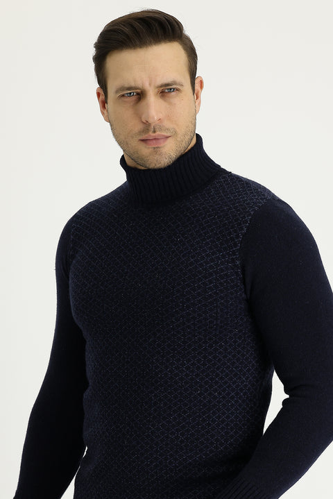 Dark Navy Turtleneck Slim Fit Narrow Cut Wool Patterned Knit Sweater