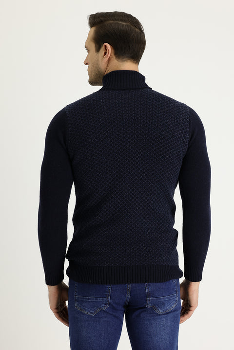 Dark Navy Turtleneck Slim Fit Narrow Cut Wool Patterned Knit Sweater