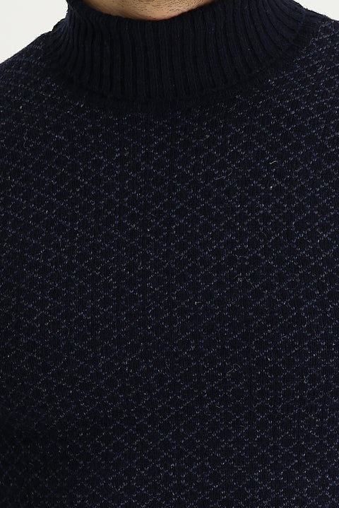 Dark Navy Turtleneck Slim Fit Narrow Cut Wool Patterned Knit Sweater