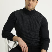 Dark Anthracite Turtleneck Slim Fit Narrow Cut Wool Patterned Knit Sweater