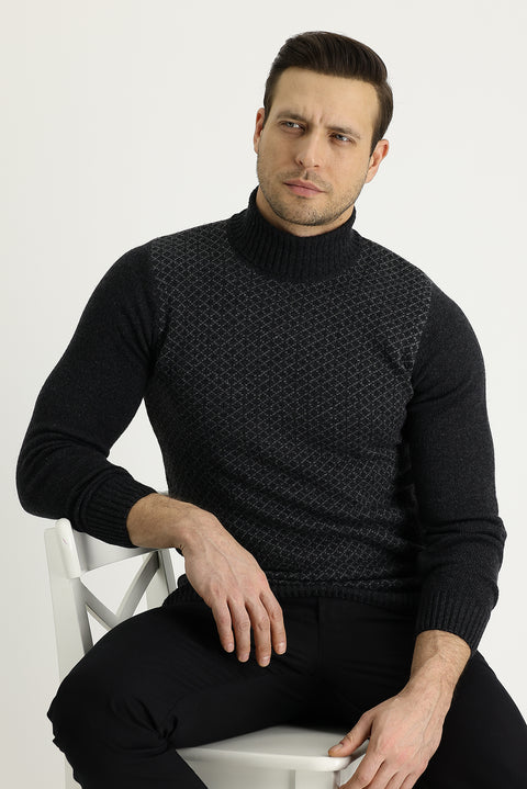 Dark Anthracite Turtleneck Slim Fit Narrow Cut Wool Patterned Knit Sweater