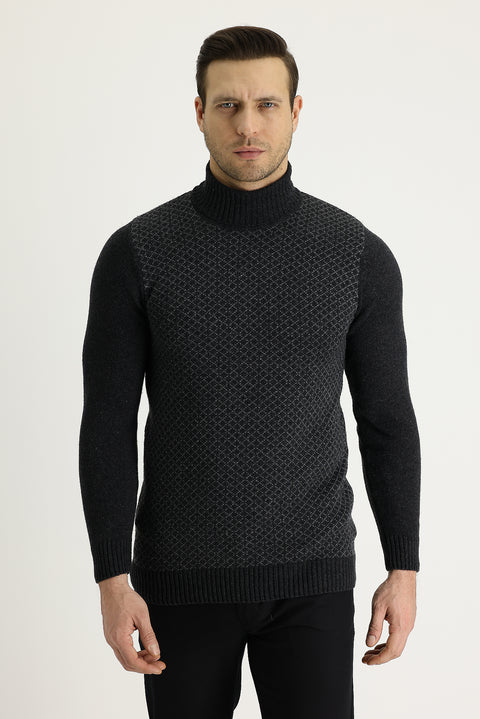 Dark Anthracite Turtleneck Slim Fit Narrow Cut Wool Patterned Knit Sweater