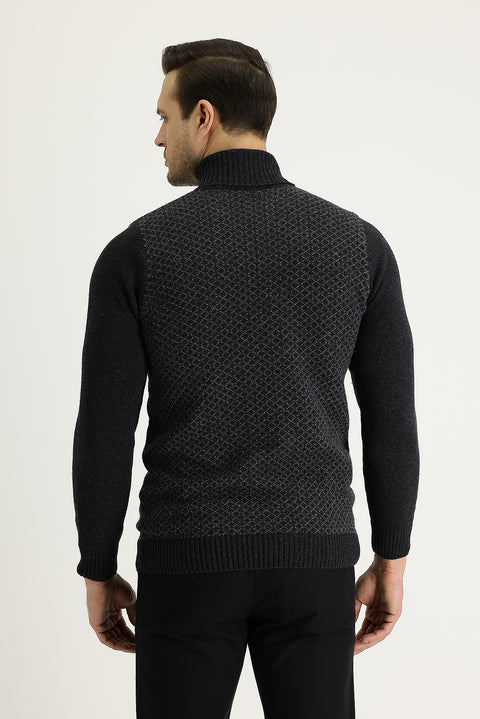 Dark Anthracite Turtleneck Slim Fit Narrow Cut Wool Patterned Knit Sweater