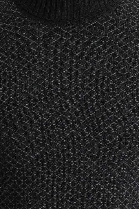 Dark Anthracite Turtleneck Slim Fit Narrow Cut Wool Patterned Knit Sweater