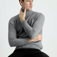 Light Grey Melange Turtleneck Slim Fit Patterned Wool Knit Sweater