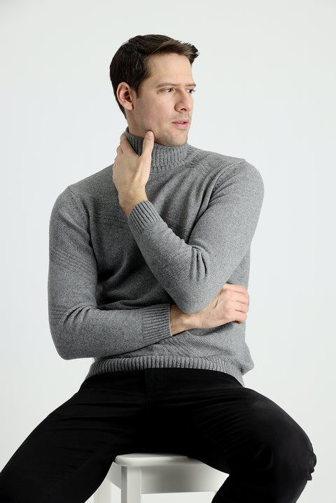 Light Grey Melange Turtleneck Slim Fit Patterned Wool Knit Sweater