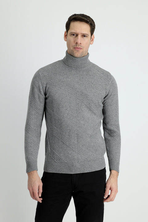 Light Grey Melange Turtleneck Slim Fit Patterned Wool Knit Sweater