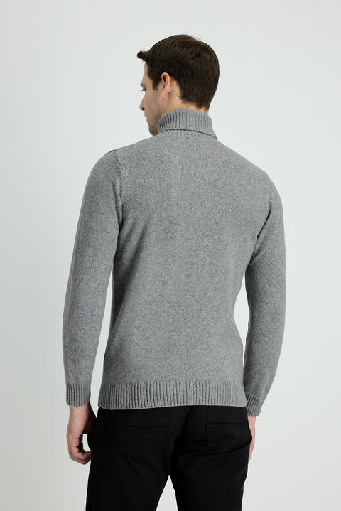 Light Grey Melange Turtleneck Slim Fit Patterned Wool Knit Sweater