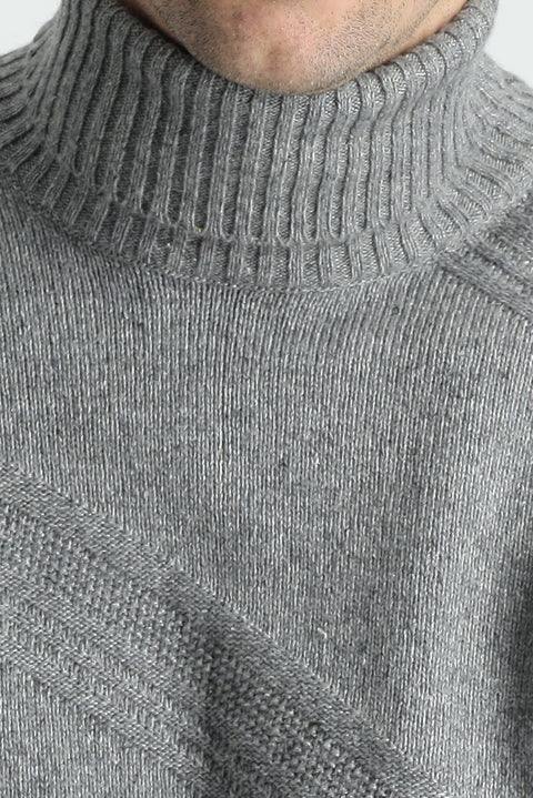 Light Grey Melange Turtleneck Slim Fit Patterned Wool Knit Sweater