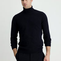 Dark Navy Turtleneck Slim Fit Patterned Wool Knit Sweater