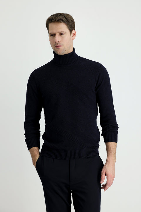 Dark Navy Turtleneck Slim Fit Patterned Wool Knit Sweater