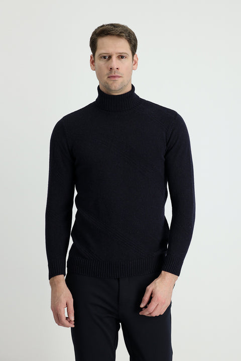 Dark Navy Turtleneck Slim Fit Patterned Wool Knit Sweater