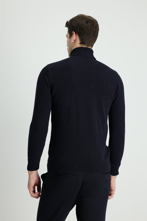 Dark Navy Turtleneck Slim Fit Patterned Wool Knit Sweater