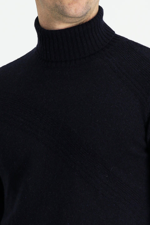 Dark Navy Turtleneck Slim Fit Patterned Wool Knit Sweater