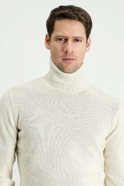 Off-white Turtleneck Slim Fit Patterned Wool Knit Sweater