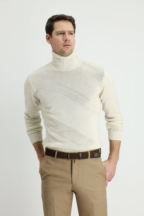 Off-white Turtleneck Slim Fit Patterned Wool Knit Sweater