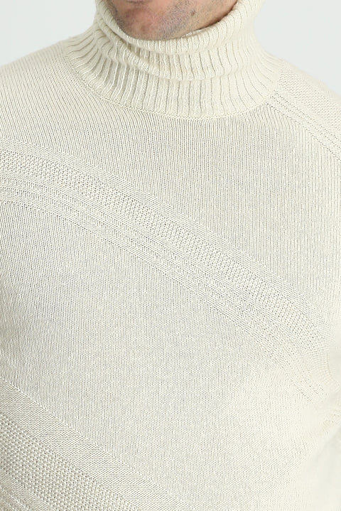 Off-white Turtleneck Slim Fit Patterned Wool Knit Sweater
