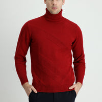 Dark Red Turtleneck Slim Fit Patterned Wool Knit Sweater