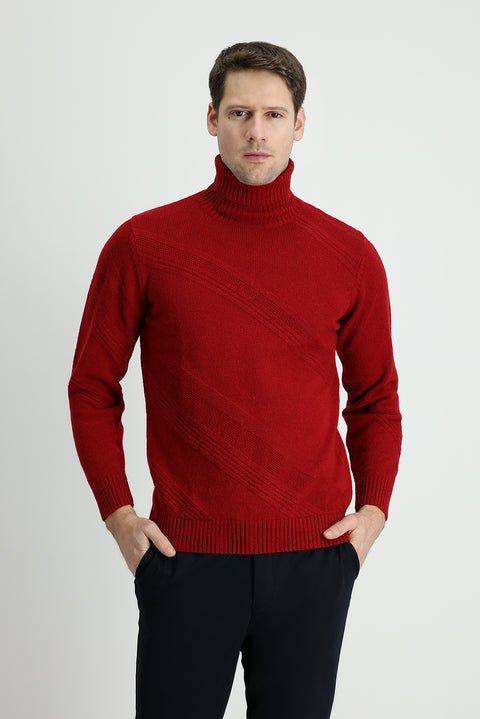 Dark Red Turtleneck Slim Fit Patterned Wool Knit Sweater
