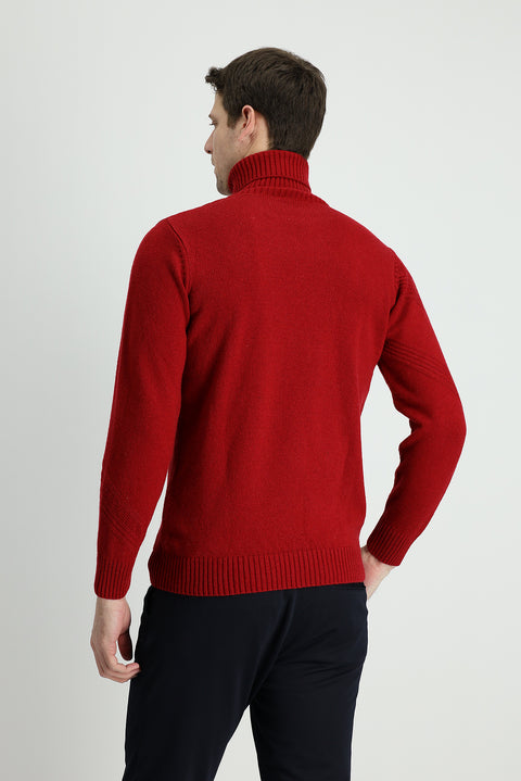 Dark Red Turtleneck Slim Fit Patterned Wool Knit Sweater