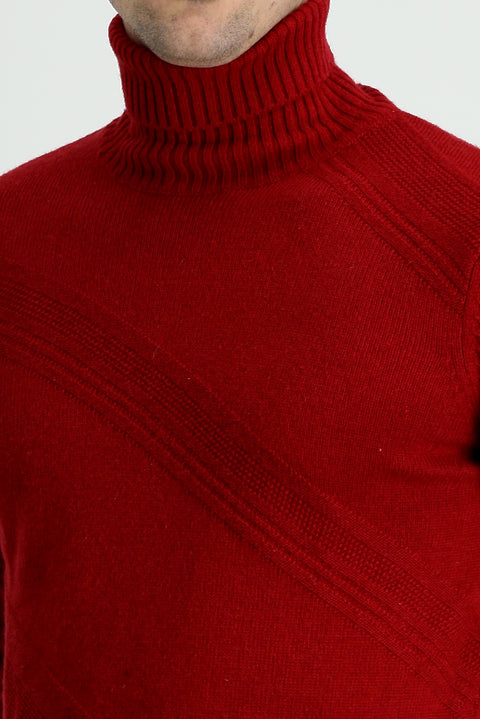 Dark Red Turtleneck Slim Fit Patterned Wool Knit Sweater