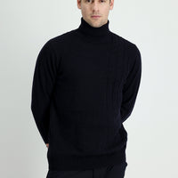Dark Navy Turtleneck Regular Fit Patterned Wool Knit Sweater