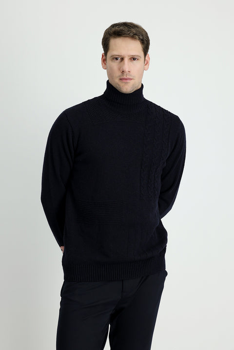 Dark Navy Turtleneck Regular Fit Patterned Wool Knit Sweater