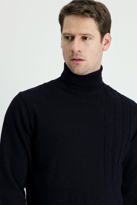 Dark Navy Turtleneck Regular Fit Patterned Wool Knit Sweater