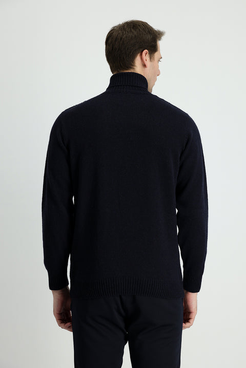 Dark Navy Turtleneck Regular Fit Patterned Wool Knit Sweater