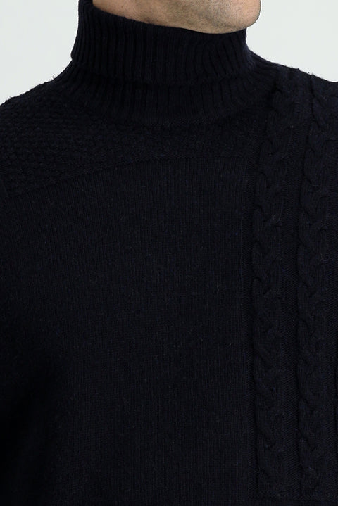 Dark Navy Turtleneck Regular Fit Patterned Wool Knit Sweater