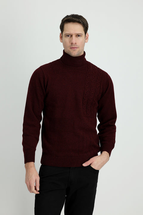 Dark Burgundy Turtleneck Regular Fit Patterned Wool Knit Sweater